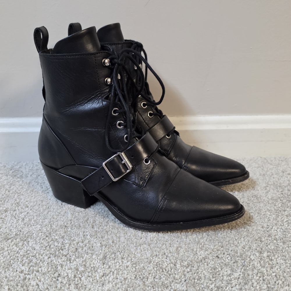 AllSaints Katy Black Leather Belt & Buckle Pointed CapToe Ankle Boots EU 38/US 7